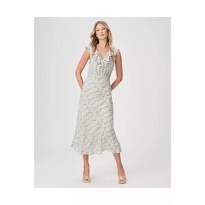 Paige Shona Sage Green Floral Print Ruffled V-Neck Spring Midi Dress Size 2